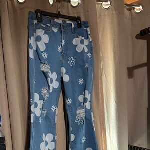SHEIN Blue Floral Flare Jeans